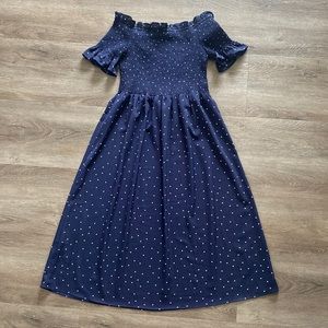 Navy blue and polkadot maternity dress